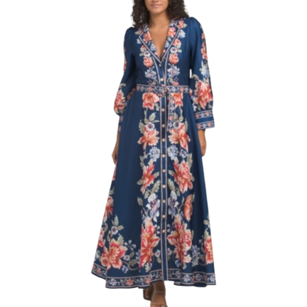 Dalia Macphee Navy Blue Floral Maxi Dress Long Sleeve Button Front Belted Large